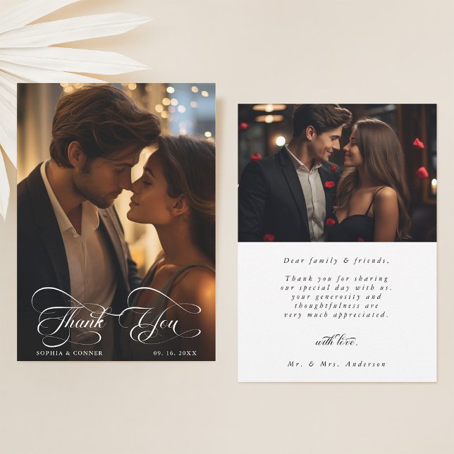 Elegant Classy Script Wedding 2 Photo  Thank You Card (Front & Back)
