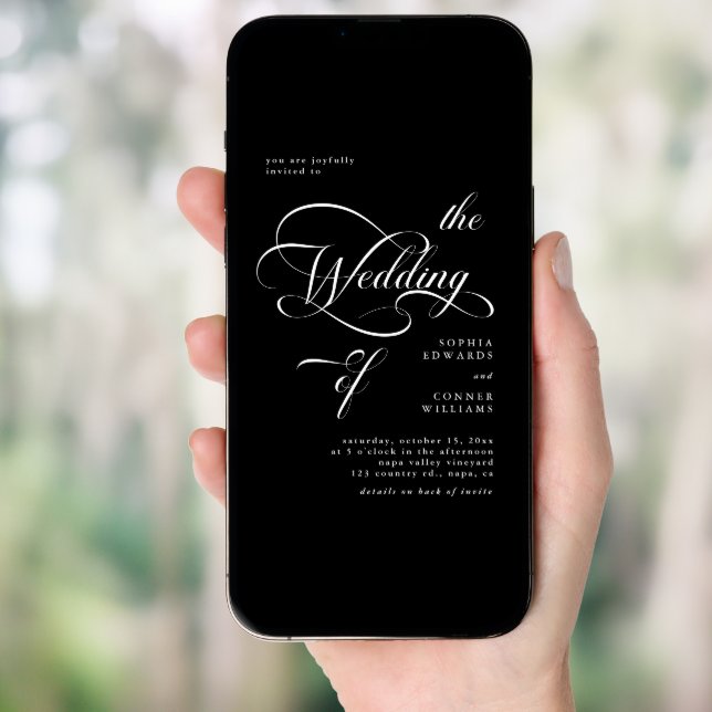 Elegant Classy Script Wedding All in One Black Invitation (Front Digital)