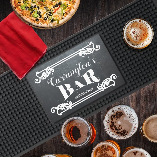 Elegant Classy Scrollwork Name | Date Bar Sign Mat (Elegant Classy Scrollwork Name and Date Bar Sign Bar Mat)