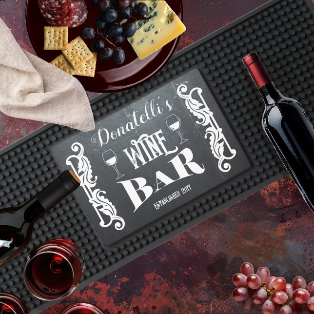 Elegant Classy Scrollwork Name |Date Wine Bar Sign Mat (Elegant and Classy Scrollwork Name and Date Wine Bar Sign Bar Mat)