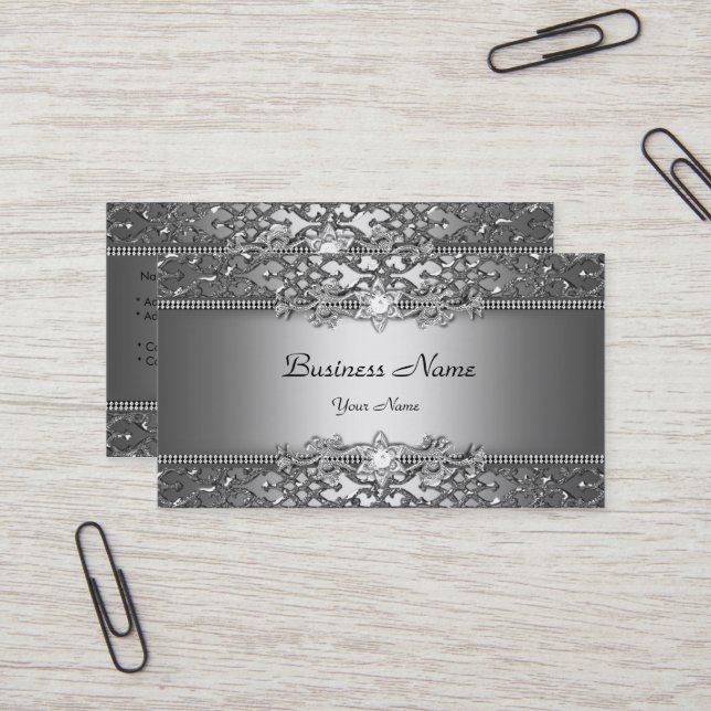 Elegant Classy Silver Gray Damask Embossed Look Business Card (Front/Back In Situ)