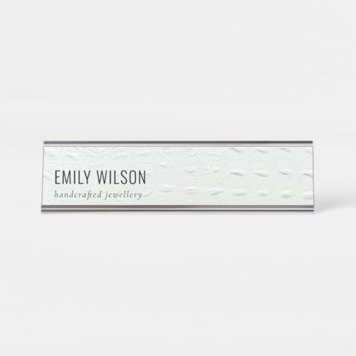 Elegant Classy Simple Ivory White Leather Texture Desk Name Plate