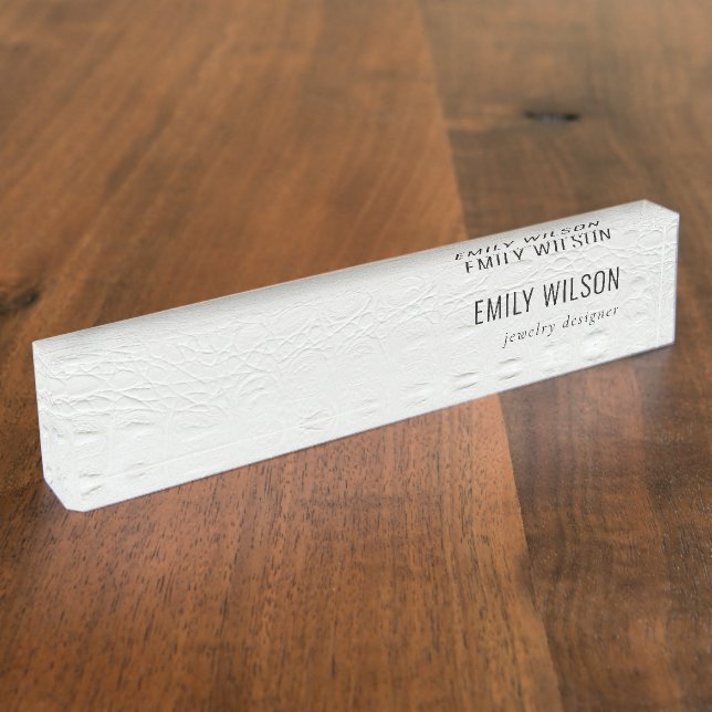 Elegant Classy Simple Ivory White Leather Texture Desk Name Plate (Side)