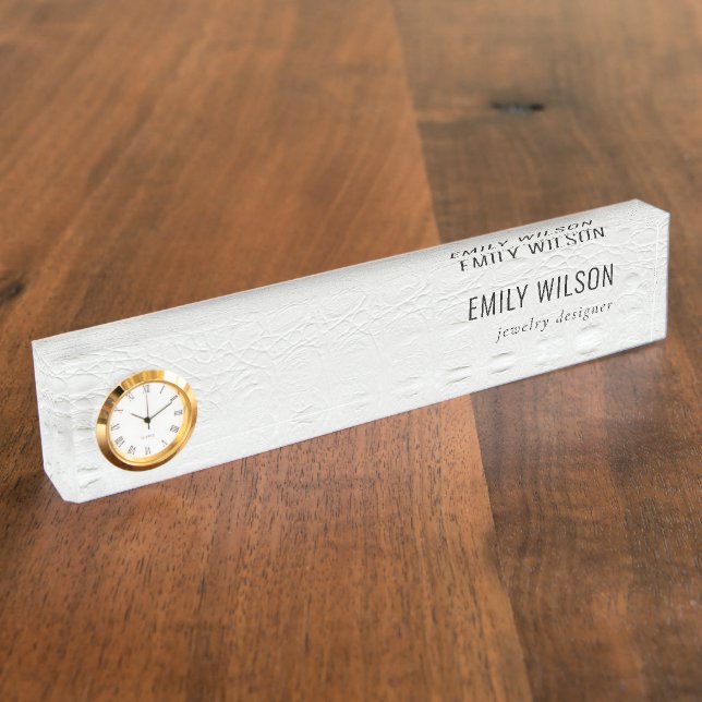 Elegant Classy Simple Ivory White Leather Texture Desk Name Plate (Side)