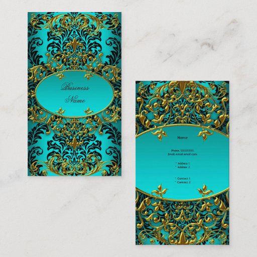 Customizable Elegant Classy Teal Blue Gold Damask Floral Business Card Templates