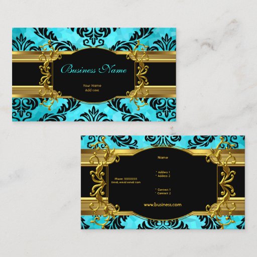 Customizable Elegant Classy Teal Blue Gold Damask Floral Business Card