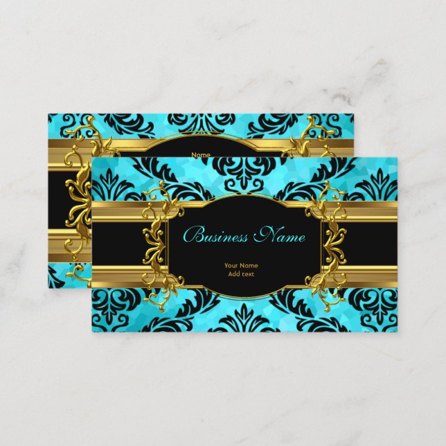 Elegant Classy Teal Blue Gold Damask Floral Business Card (Front/Back)