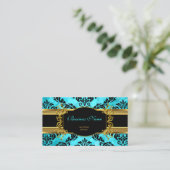 Elegant Classy Teal Blue Gold Damask Floral Business Card (Standing Front)