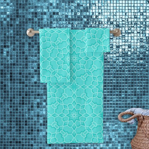 Elegant Classy Turquoise Mosaic Geometric Pattern Bath Towel Set