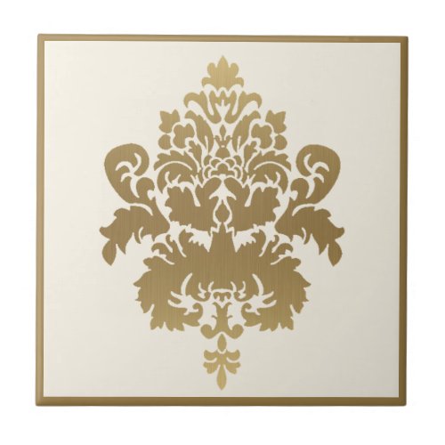 Elegant Classy Vintage White Gold Damask Ceramic Tile