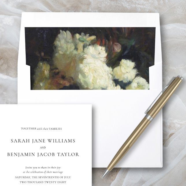 Elegant Classy White Floral Fine Art Wedding Envelope Liner (This elegant, fine art wedding envelope liner will give your invites a luxury feel.)