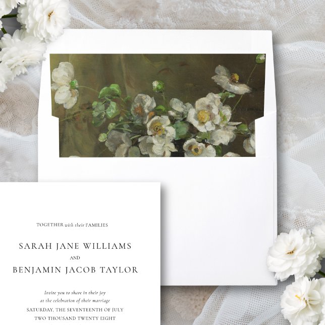 Elegant Classy White Floral Fine Art Wedding Envelope Liner (This elegant, fine art wedding invitation envelope liner will give your invites a high-end look.)