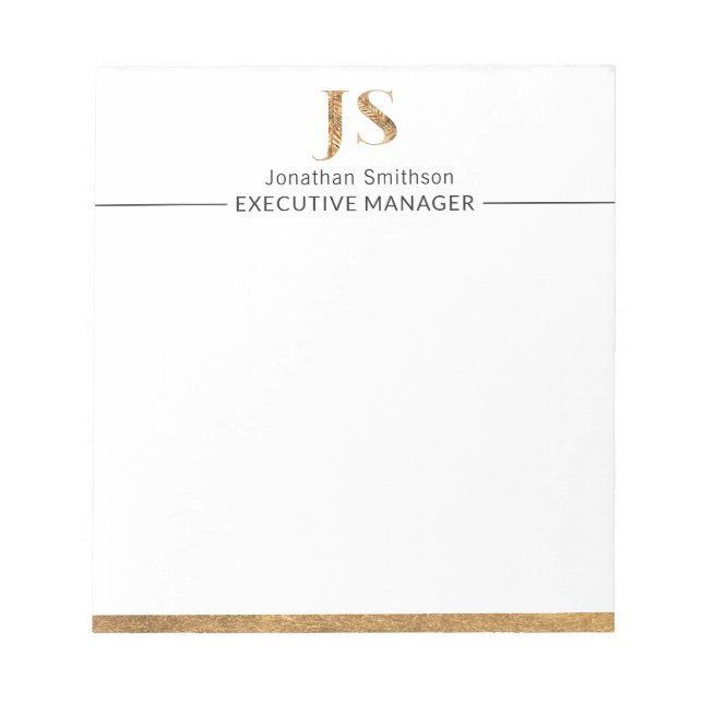 Elegant Classy White & Gold Personalized Monogram  Notepad (Front)