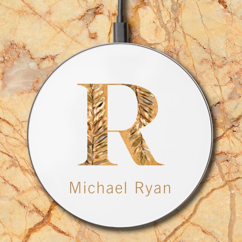 Elegant Classy White  Gold Personalized Monogram  Wireless Charger