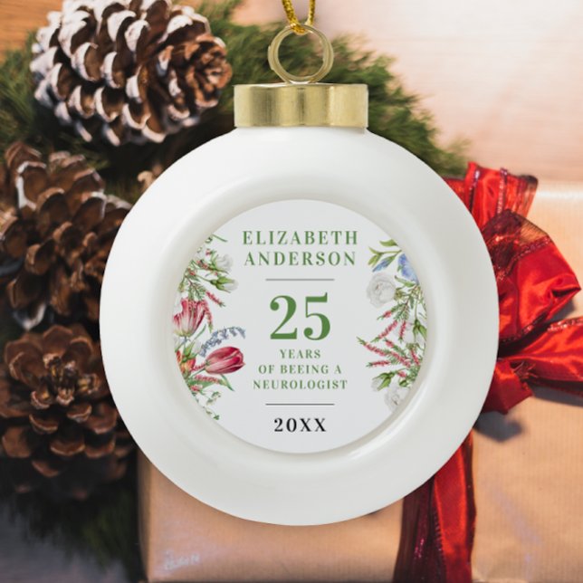 Elegant Classy White Green Botanical Anniversar Ceramic Ball Christmas Ornament (Creator Uploaded)