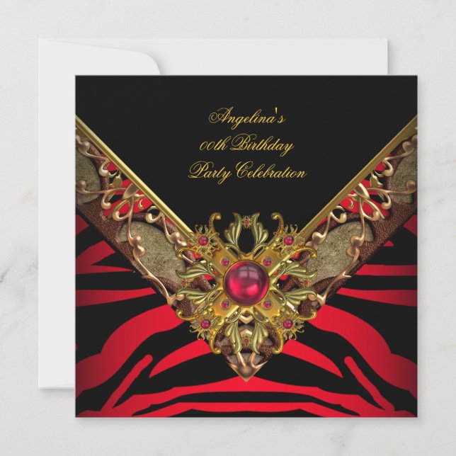 Elegant Classy Zebra Red Gold Birthday Party Invitation (Front)