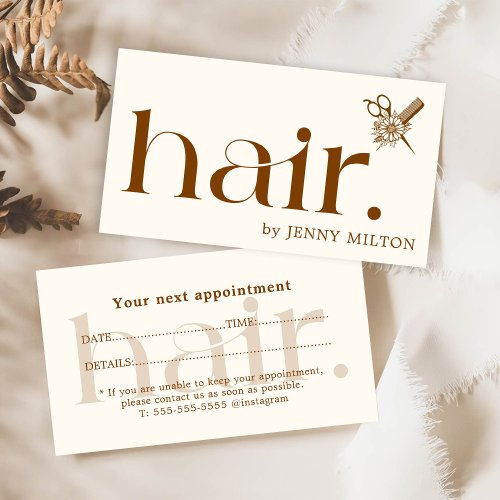 Elegant Clean Boho Brown Hair Stylist Appointment Business Card