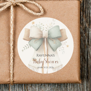Elegant Clean Cream Patchwork Sage Bow Baby Shower Classic Round Sticker