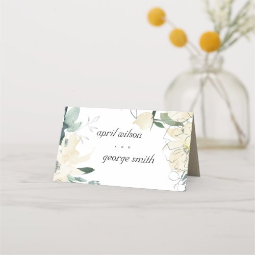 ELEGANT CLEAN IVORY WHITE WATERCOLOR FLORA WEDDING PLACE CARD