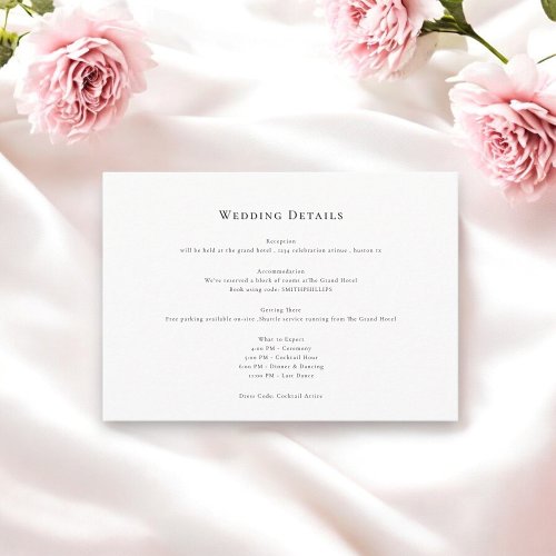 Elegant clean minimal wedding details Enclosure Card