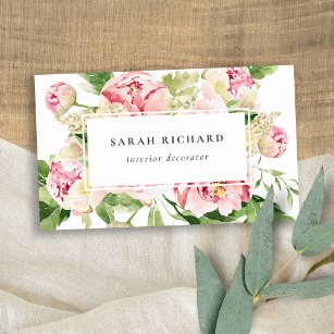 Elegant Clean Pink Green Watercolor Peony Floral Business Card