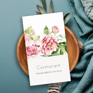 Elegant Clean Pink Green Watercolor Peony Floral Business Card