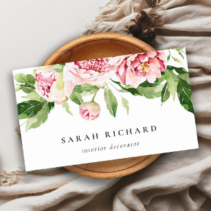 Elegant Clean Pink Green Watercolor Peony Floral Business Card