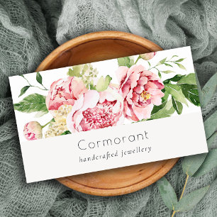 Elegant Clean Pink Green Watercolor Peony Floral Business Card