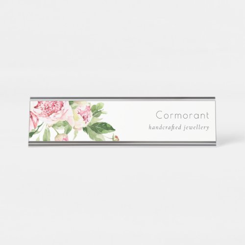 Elegant Clean Pink Green Watercolor Peony Floral Desk Name Plate