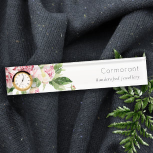 Elegant Clean Pink Green Watercolor Peony Floral Desk Name Plate