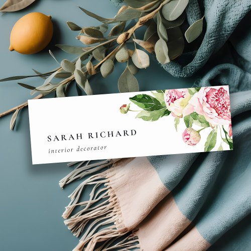 Elegant Clean Pink Green Watercolor Peony Floral Mini Business Card