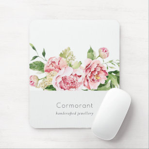 Elegant Clean Pink Green Watercolor Peony Floral Mouse Pad