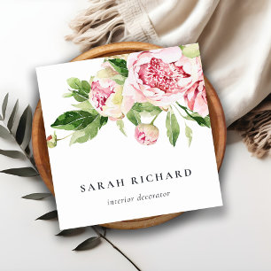 Elegant Clean Pink Green Watercolor Peony Floral Square Business Card