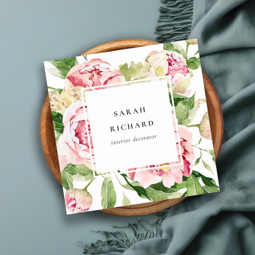 Elegant Clean Pink Green Watercolor Peony Floral Square Business Card