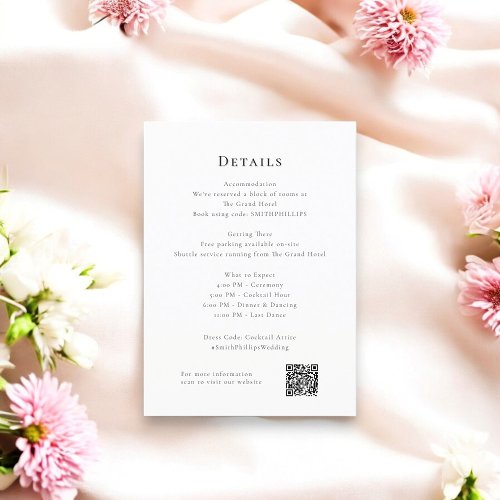Elegant clean wedding details qr code Enclosure Card