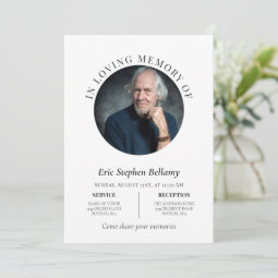 Elegant Clean White Round Photo Memorial Funeral Invitation | Zazzle