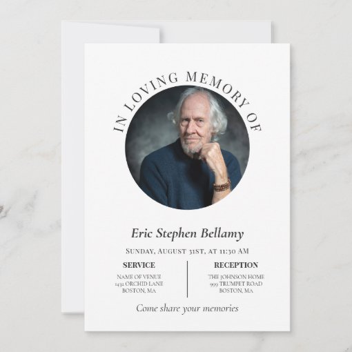 Elegant Clean White Round Photo Memorial Funeral Invitation | Zazzle
