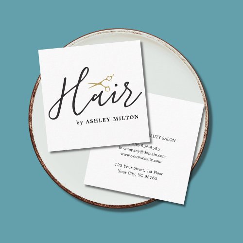 Elegant Clean White Scissors Hair Stylist Square Business Card