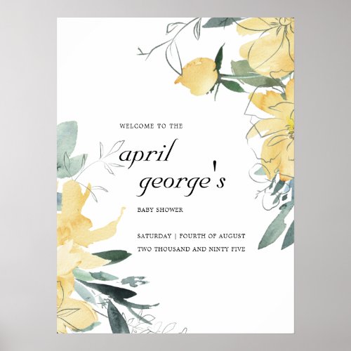 ELEGANT CLEAN YELLOW WATERCOLOR FLORAL BABY SHOWER POSTER