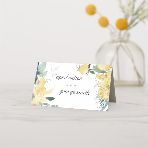 ELEGANT CLEAN YELLOW WATERCOLOR FLORAL WEDDING PLACE CARD