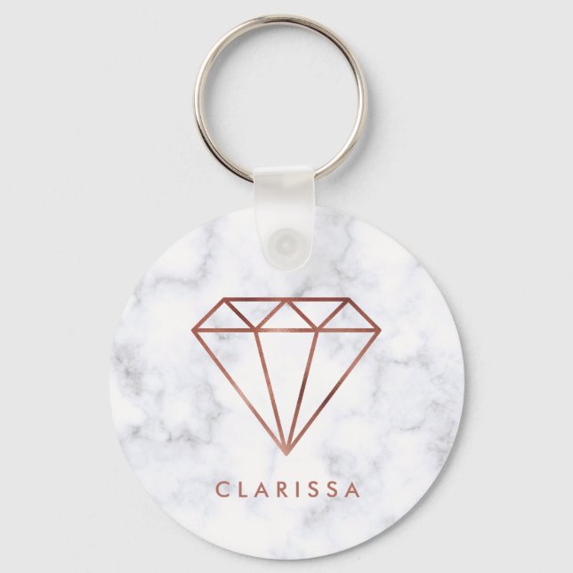 elegant clear faux rose gold diamond white marble keychain (Front)