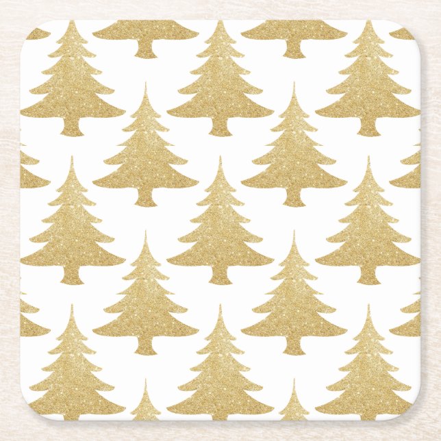 elegant clear gold glitter Christmas tree pattern Square Paper Coaster (Front)