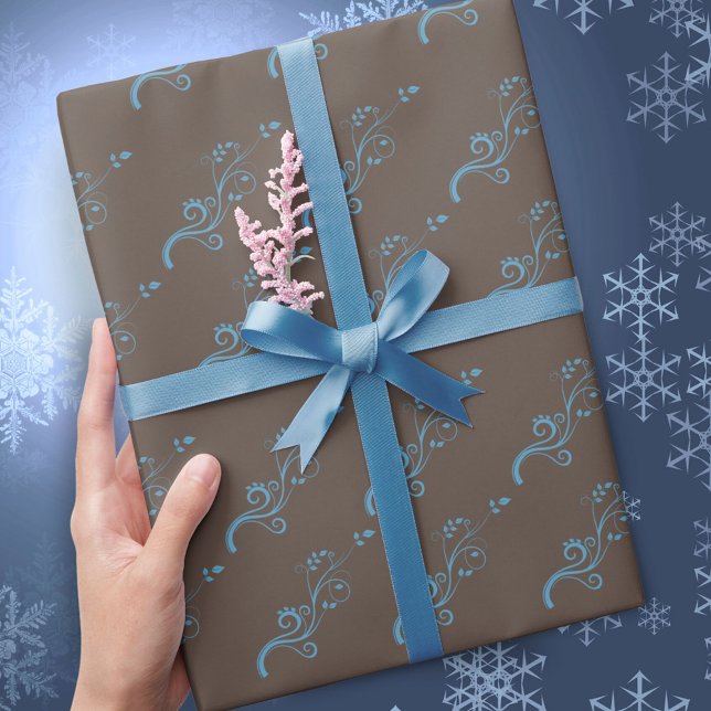 Elegant Climbing Plants Blue Brown Pattern Wrapping Paper (Creator Uploaded)