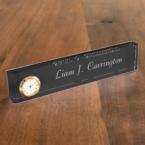 Elegant Clock Your Name Script Office Black Desk Name Plate