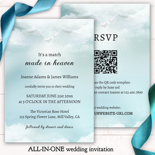 Elegant Cloud Nine Angel Wings All in One Wedding Invitation (Pastel turquoise wedding invitation featuring angel wings and silver hearts on soft dreamy clouds)