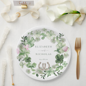 Elegant Clover Horseshoes Botanical Wedding Paper Plates