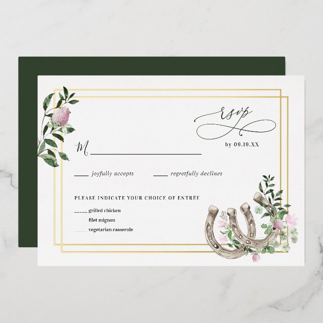 Elegant Clover Horseshoes Botanical Wedding RSVP  Foil Invitation (Front/Back)