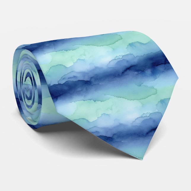 Elegant Coastal and Moody Blues Dynamic Watercolor Neck Tie (Rolled)