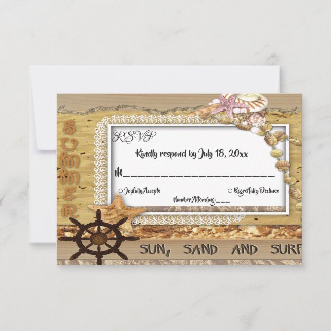 Elegant Coastal Beach Navy Seaside Summer Wedding RSVP Card (Front)