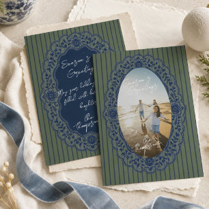 Elegant Coastal Blue Chinoiserie Oval Frame Photo  Holiday Card